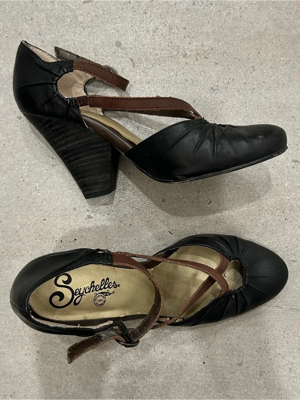 Seychelles Black High Heels with Brown Crisscross Straps